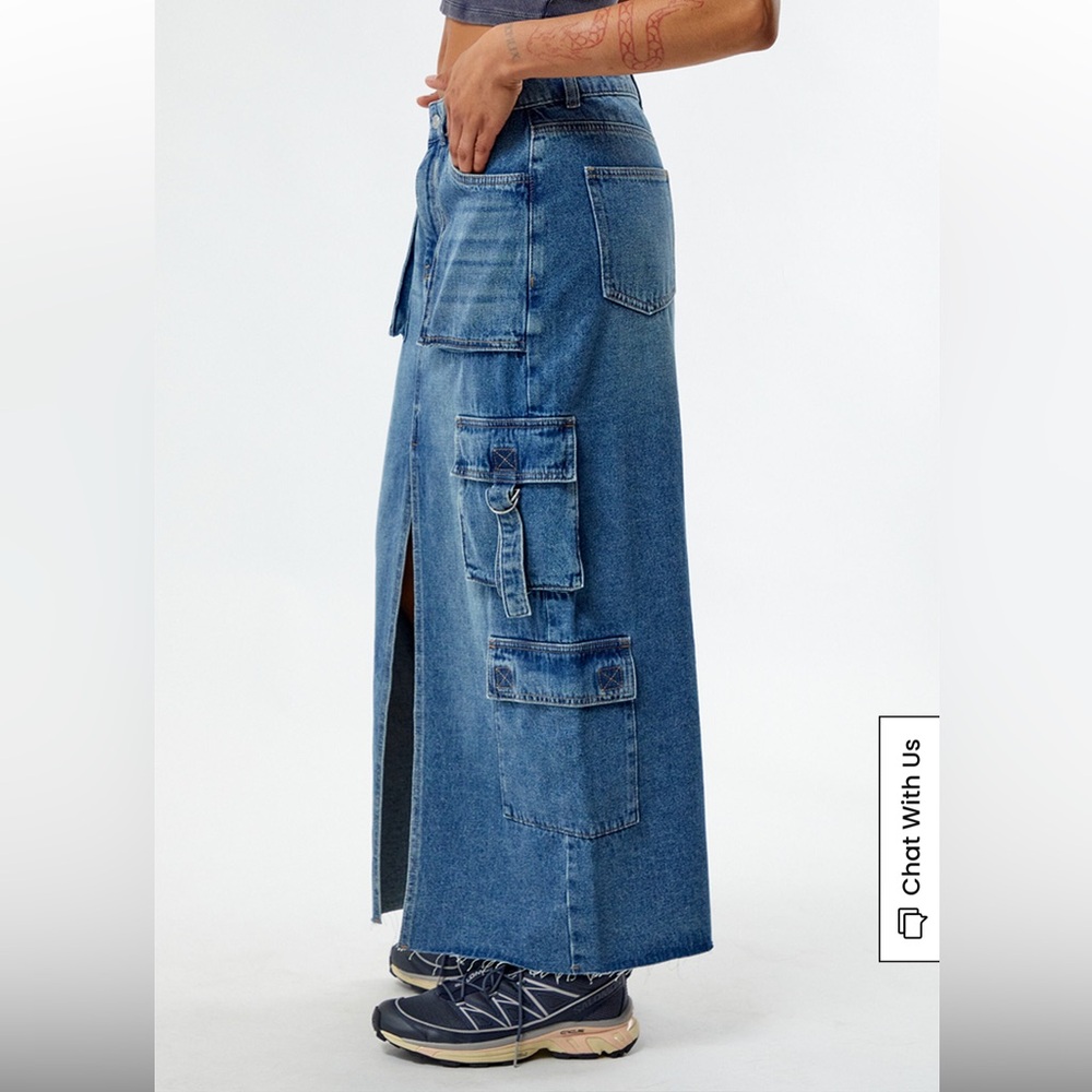 Pacsun Indigo Cargo Midi Skirt size Small high-rise stretchy material front slit - Picture 3 of 10